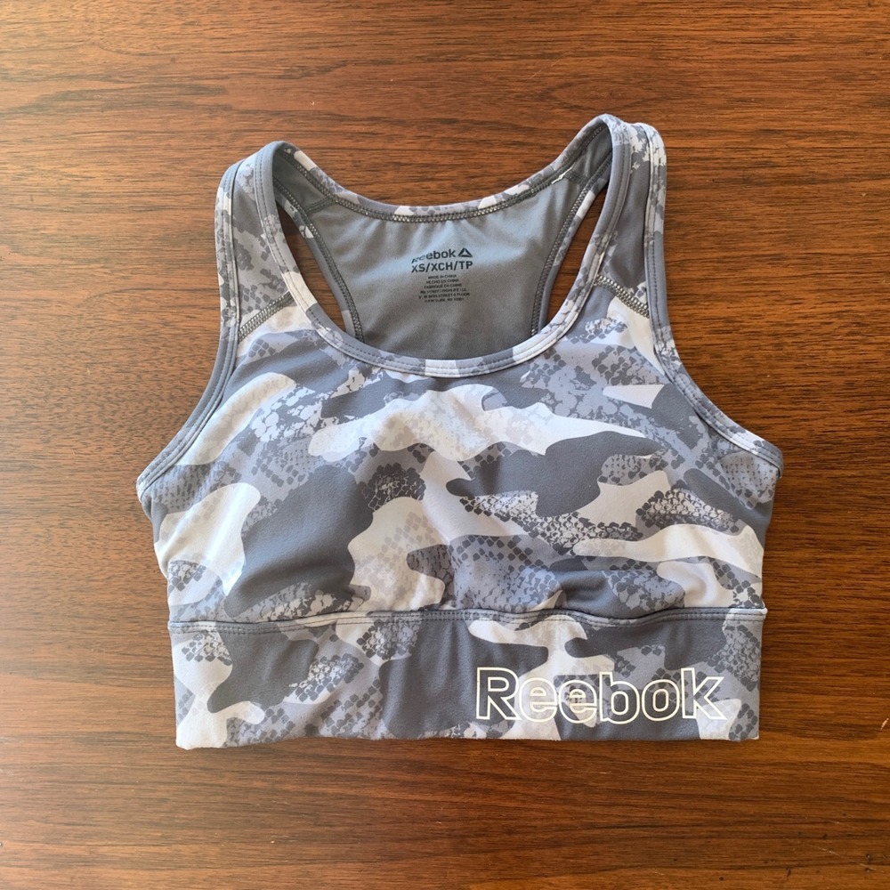 Reebok‎ Sports Bra Racerback W/Phone Pocket Camo Print Workout Fitness Top XS - Picture 2 of 10